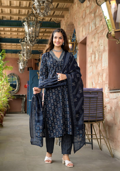 Floral Printed Kurta With Bottom Wear and Dupatta in Blue Color